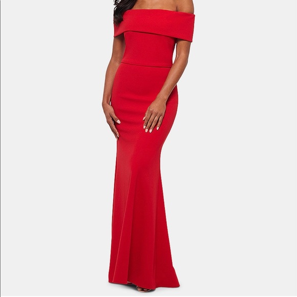 betsy and adam ruffled back off the shoulder gown